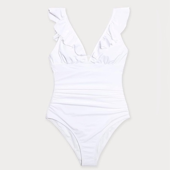 CUPSHE Women's Ruffled One Piece Swimsuit V Neck Lace up. Size XL White new - Picture 3 of 3